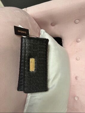 bebe Black Embossed Logo Wallet with Gold Plaque